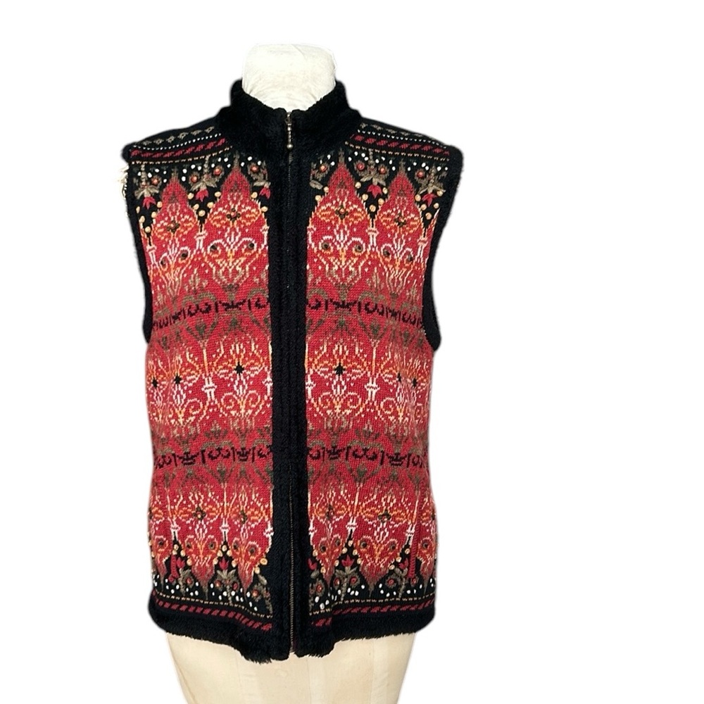 Coldwater Creek Icelandic Design Embroidered Nordic Vest w/Faux Fur Red Black XL